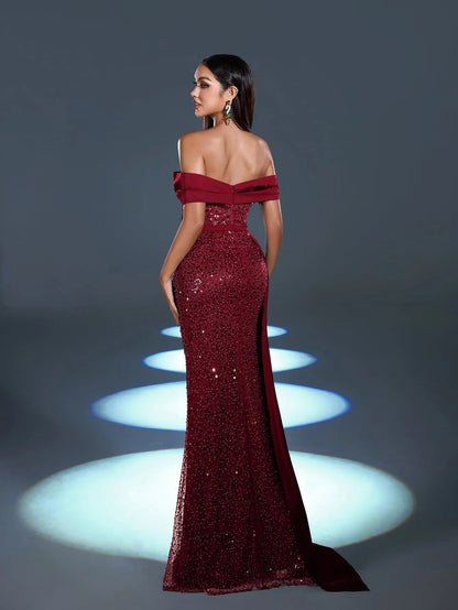 Off-Shoulder Draped Side Split Mermaid Hem Sequin Evening Dress in Burgundy, authorized product view 14