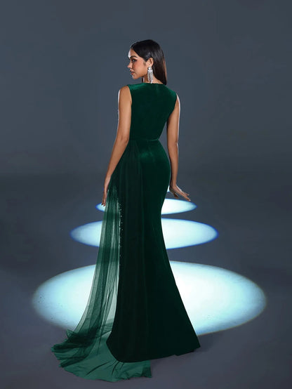 V-Neck Velvet Sleeveless Mermaid Evening Gown in Dark Green, authorized product view 20