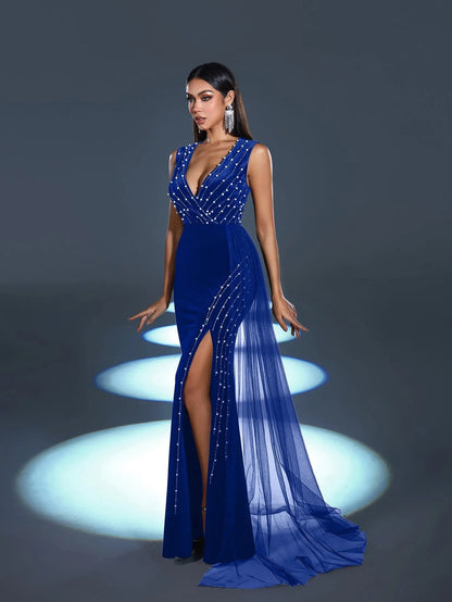 V-Neck Velvet Sleeveless Mermaid Evening Gown in Royal Blue, authorized product view 10