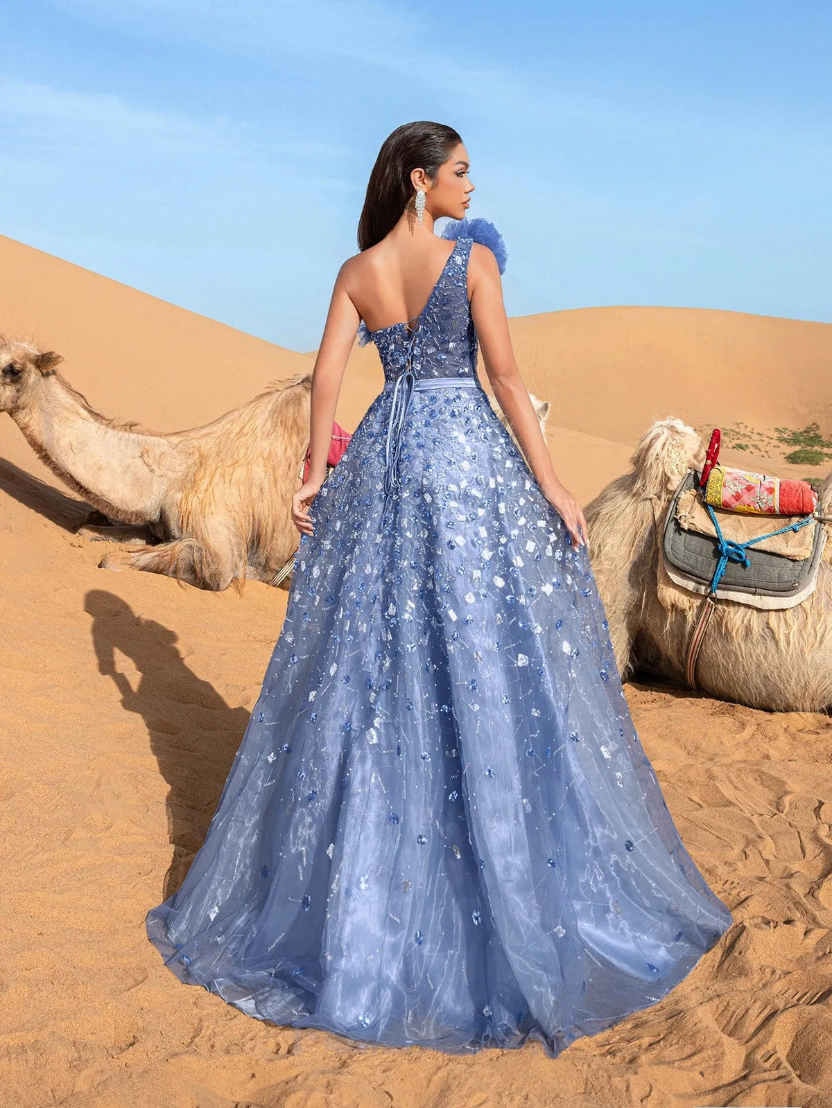 One-Shoulder Sequin Beaded Sleeveless A-Line Evening Gown in Blue Ashes, authorized product view 2