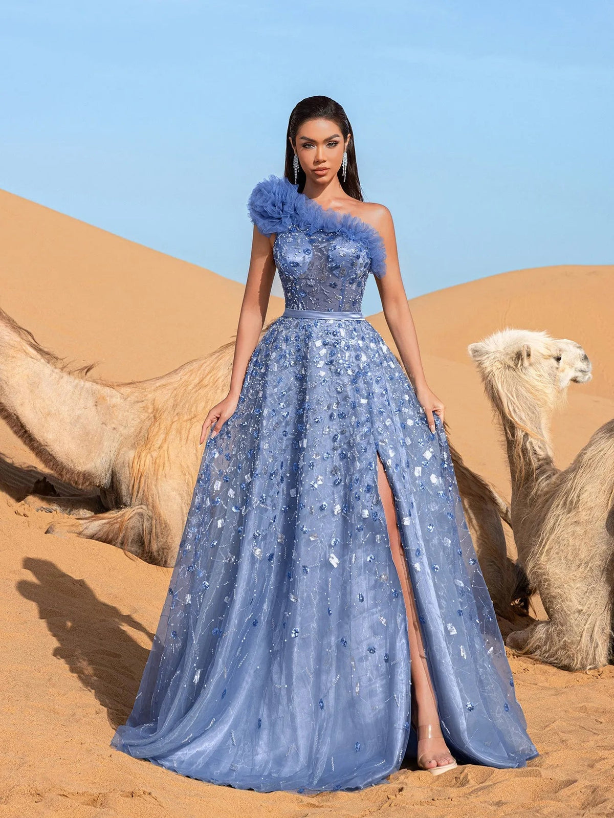 One-Shoulder Sequin Beaded Sleeveless A-Line Evening Gown in Blue Ashes, authorized product view 3