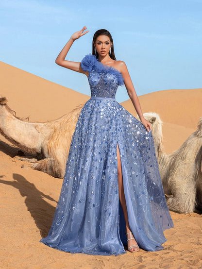 One-Shoulder Sequin Beaded Sleeveless A-Line Evening Gown in Blue Ashes, authorized product view 4