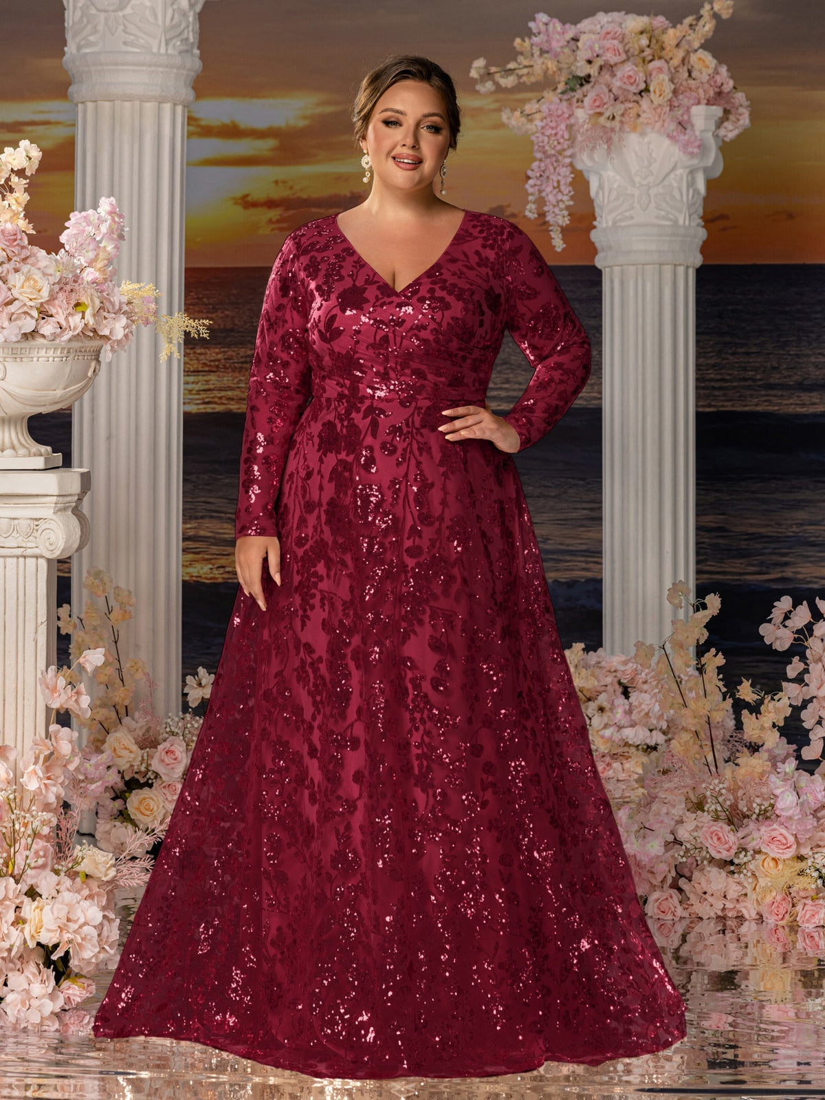Plus-size burgundy sequin mother of the bride gown, full front view