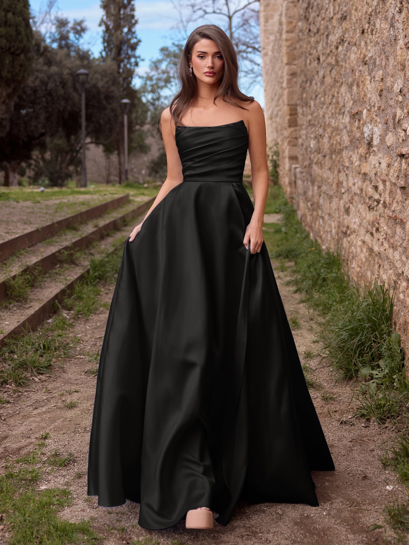 Additional view of Strapless Lace Satin Sleeveless A-Line Evening Gown
