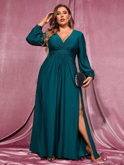 Additional product view of Plunging-Neck High-Slit Plus-Size V-Neck Knit Evening Gown