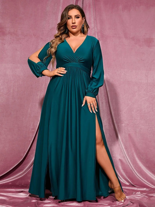 Plunging-Neck High-Slit Plus-Size V-Neck Knit Evening Gown in Dark Green