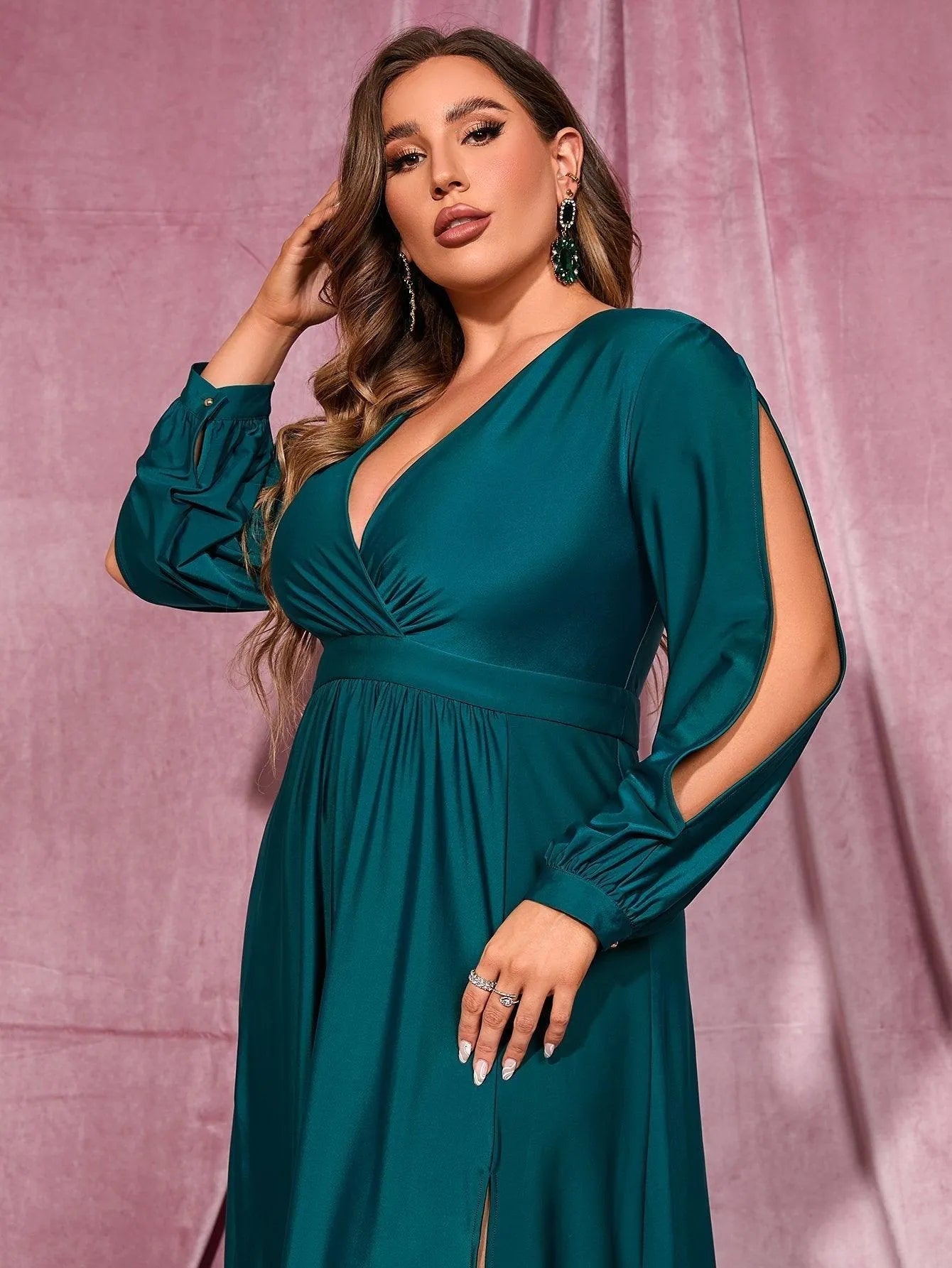 Additional product view of Plunging-Neck High-Slit Plus-Size V-Neck Knit Evening Gown