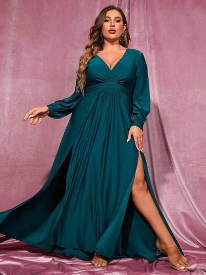 Additional product view of Plunging-Neck High-Slit Plus-Size V-Neck Knit Evening Gown