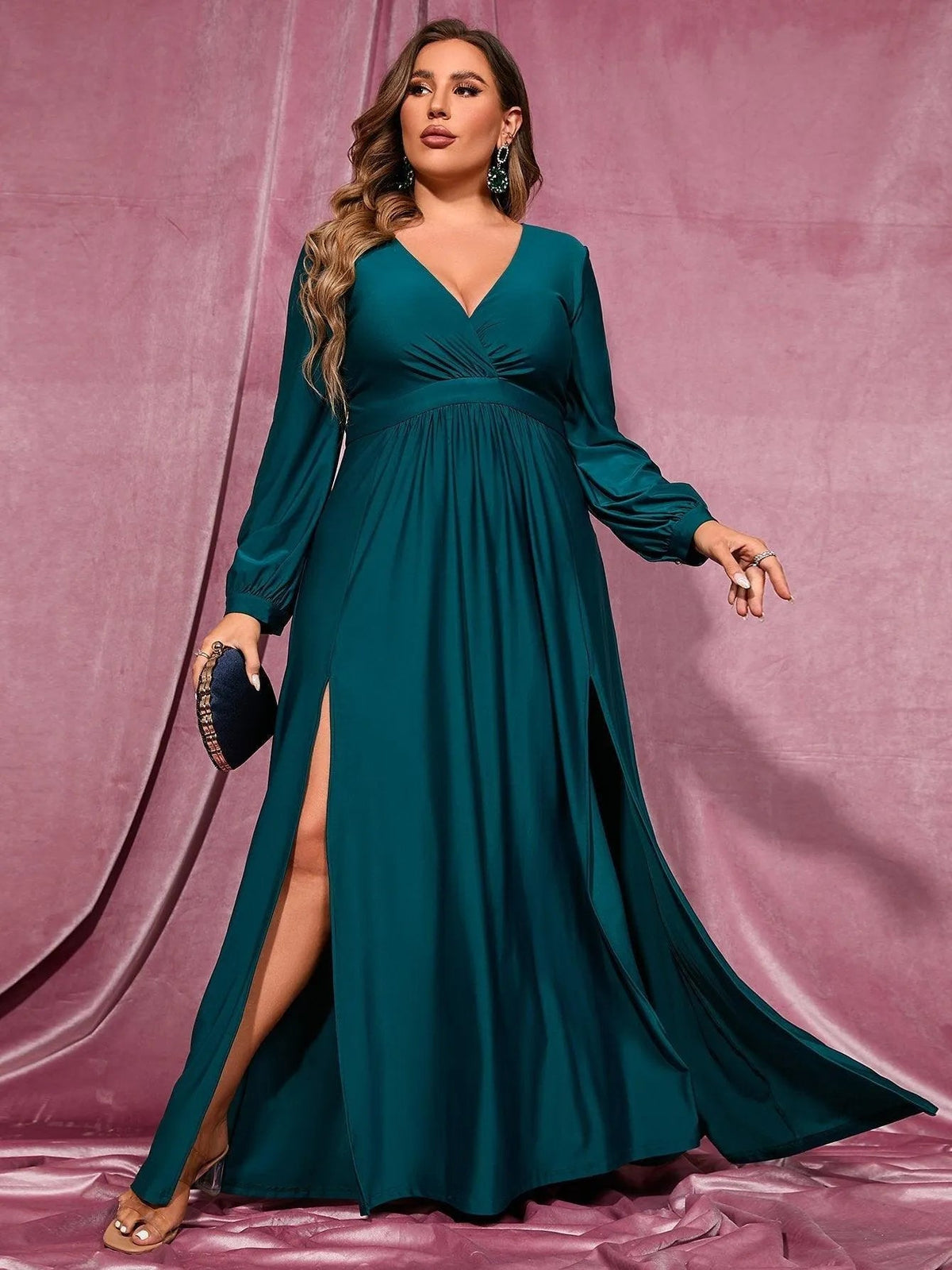 Additional product view of Plunging-Neck High-Slit Plus-Size V-Neck Knit Evening Gown