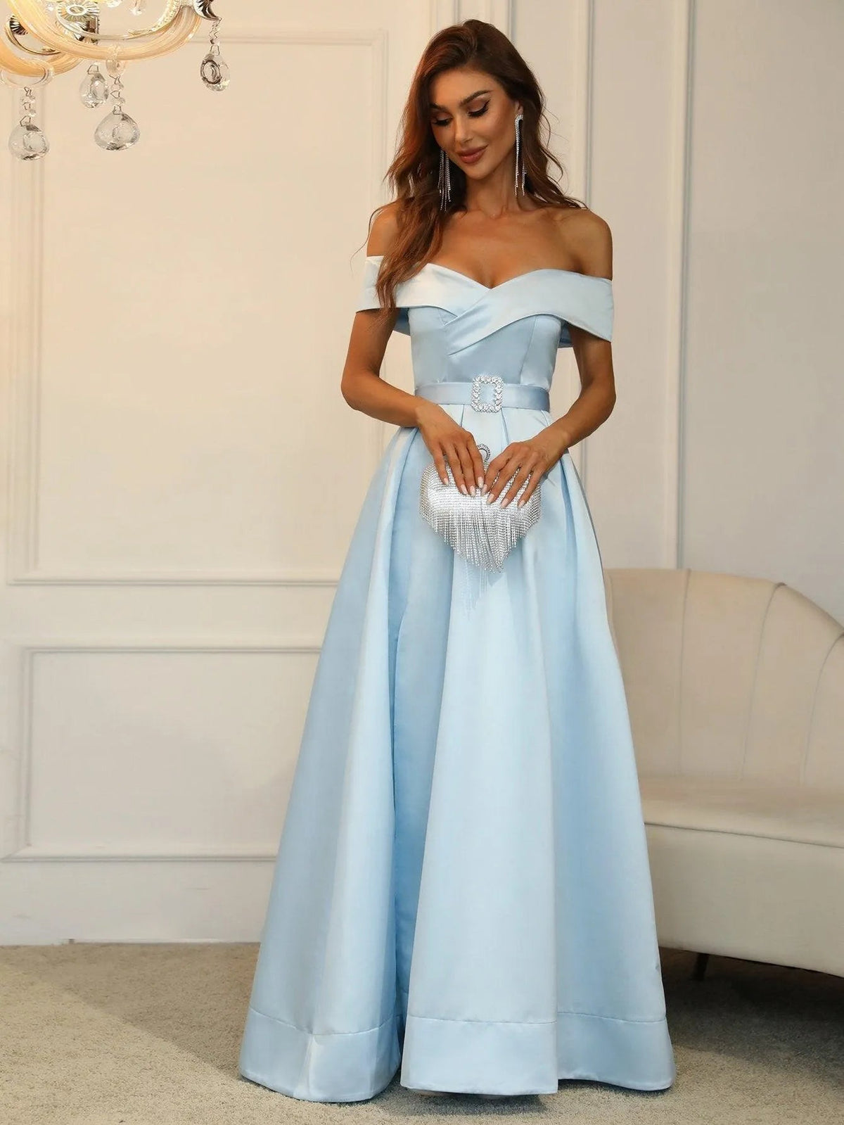 Additional product view of Belted Off-Shoulder Satin High-Slit A-Line Evening Gown