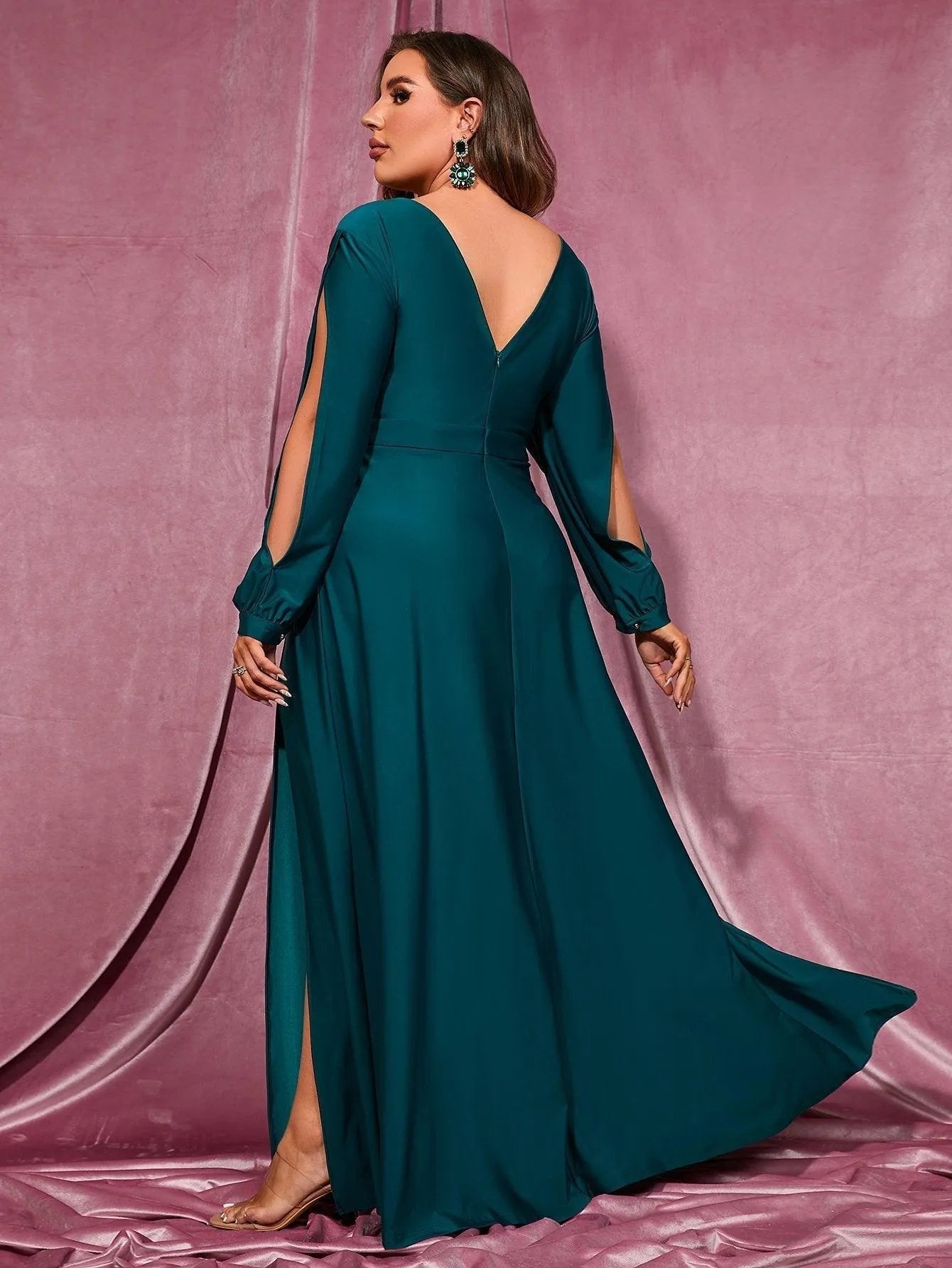 Additional product view of Plunging-Neck High-Slit Plus-Size V-Neck Knit Evening Gown