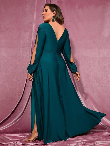 Additional product view of Plunging-Neck High-Slit Plus-Size V-Neck Knit Evening Gown