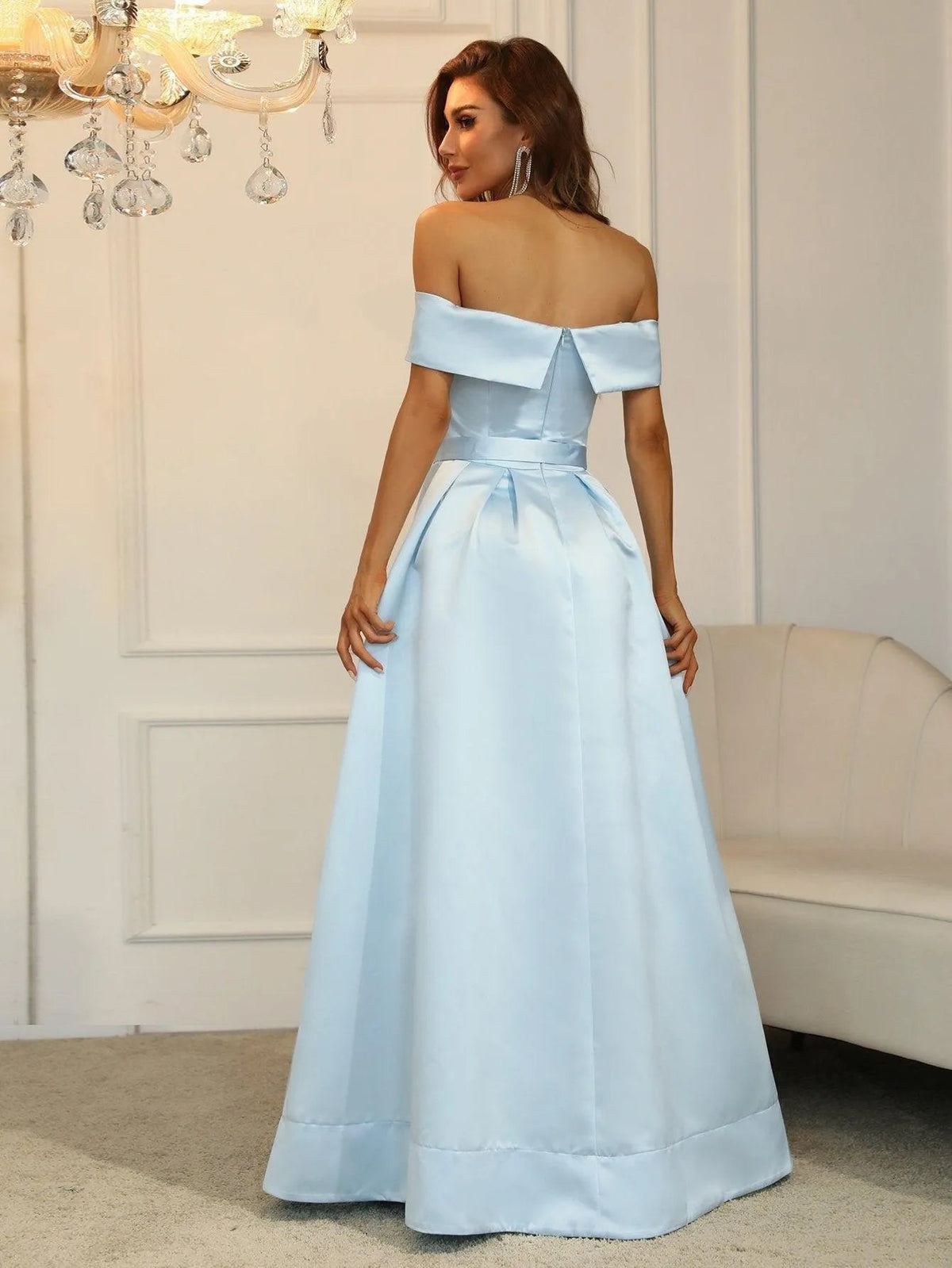 Additional product view of Belted Off-Shoulder Satin High-Slit A-Line Evening Gown