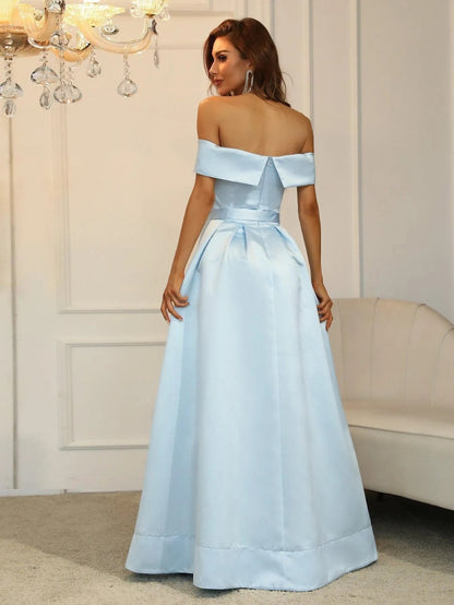 Additional product view of Belted Off-Shoulder Satin High-Slit A-Line Evening Gown