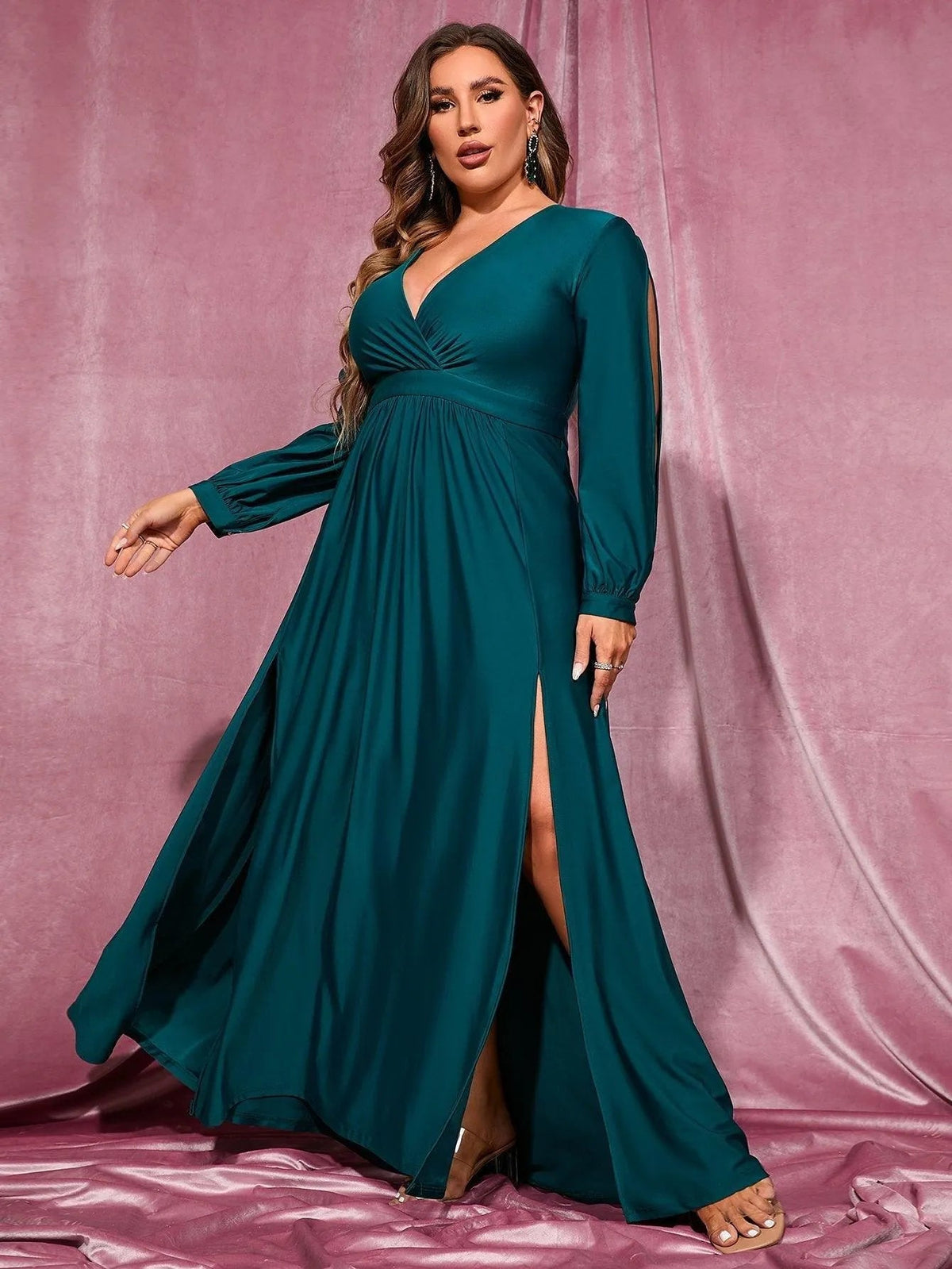 Additional product view of Plunging-Neck High-Slit Plus-Size V-Neck Knit Evening Gown