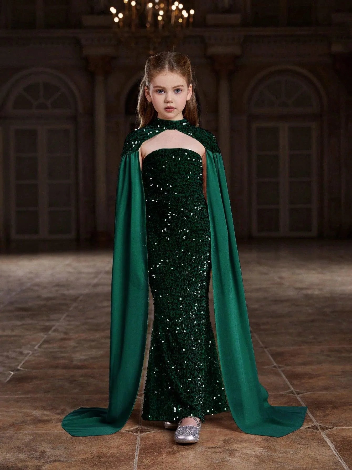 Alternate view of Strapless Sequin Mermaid Sleeveless Maxi Tween Girls' Party Dress in Dark Green