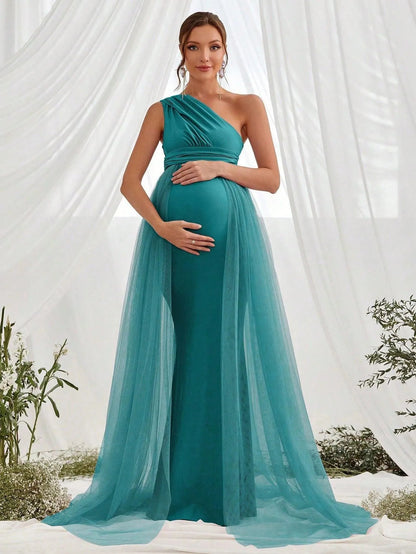 Alternate view of Contrast Mesh One-Shoulder Knit Mermaid Sleeveless Maternity Evening Dress in Teal Blue