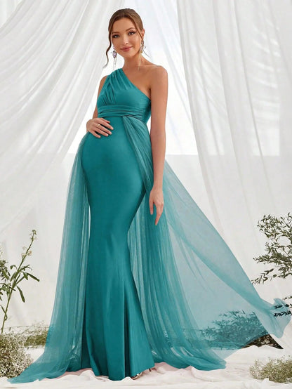 Additional product view of Contrast Mesh One-Shoulder Knit Mermaid Sleeveless Maternity Evening Dress