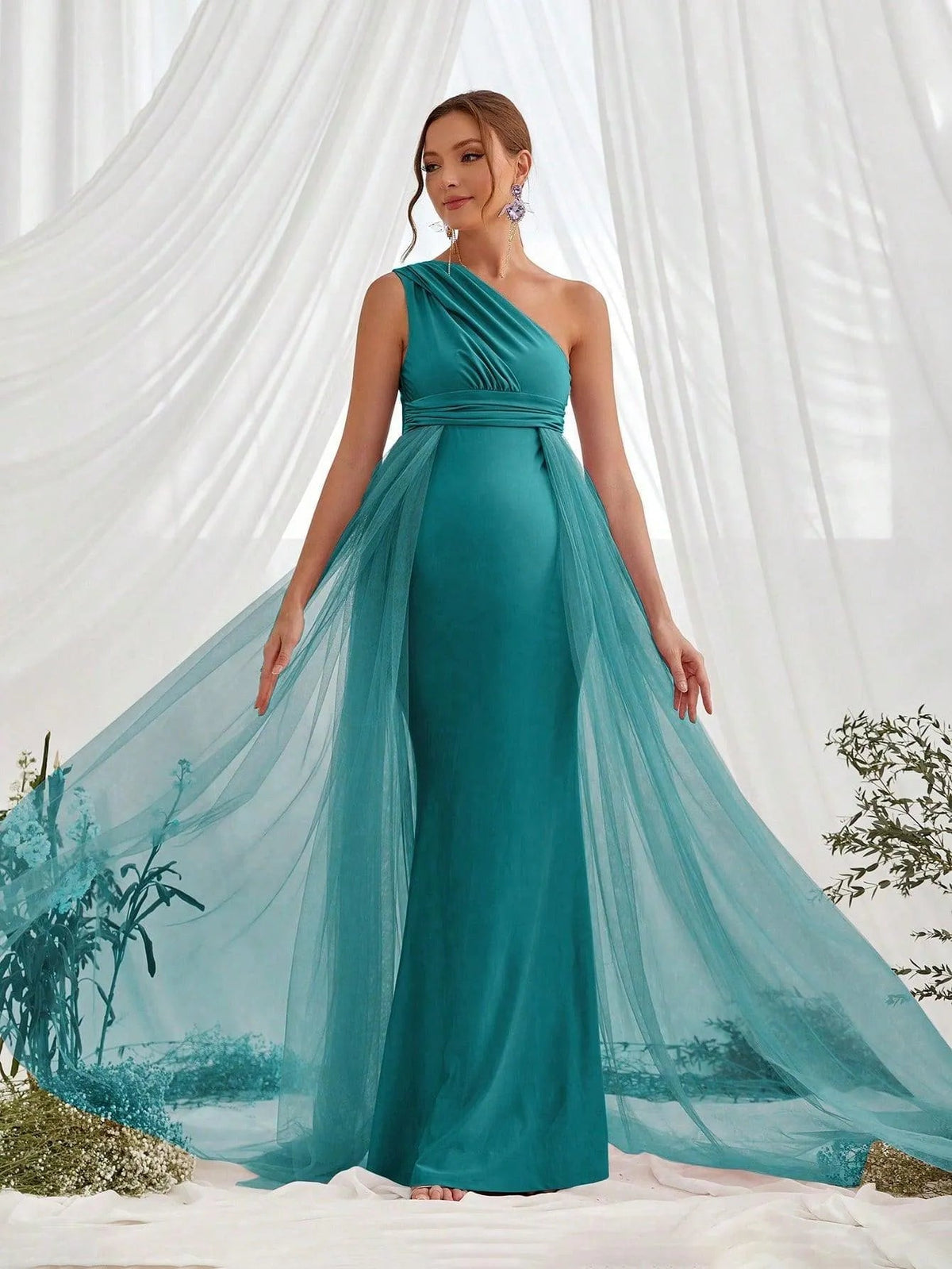 Additional product view of Contrast Mesh One-Shoulder Knit Mermaid Sleeveless Maternity Evening Dress