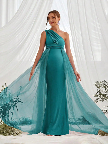 Additional product view of Contrast Mesh One-Shoulder Knit Mermaid Sleeveless Maternity Evening Dress