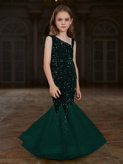 Alternate view of Mesh Insert Mermaid Hem One-Shoulder Sequin Sleeveless Tween Girls' Party Dress in Dark Green