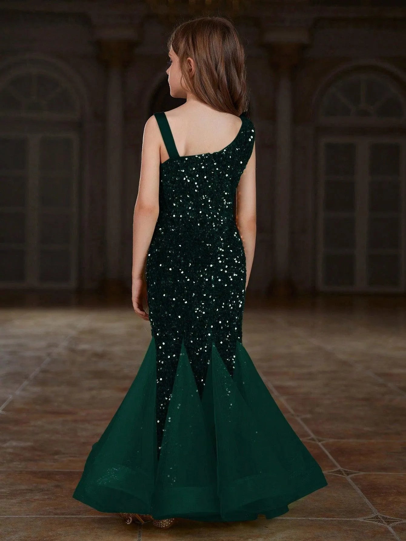 Additional product view of Mesh Insert Mermaid Hem One-Shoulder Sequin Sleeveless Tween Girls' Party Dress