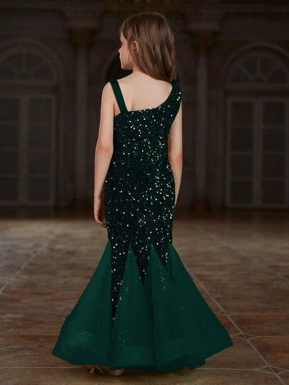 Additional product view of Mesh Insert Mermaid Hem One-Shoulder Sequin Sleeveless Tween Girls' Party Dress