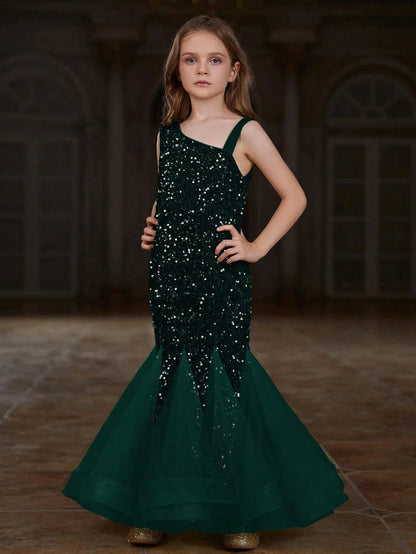 Additional product view of Mesh Insert Mermaid Hem One-Shoulder Sequin Sleeveless Tween Girls' Party Dress