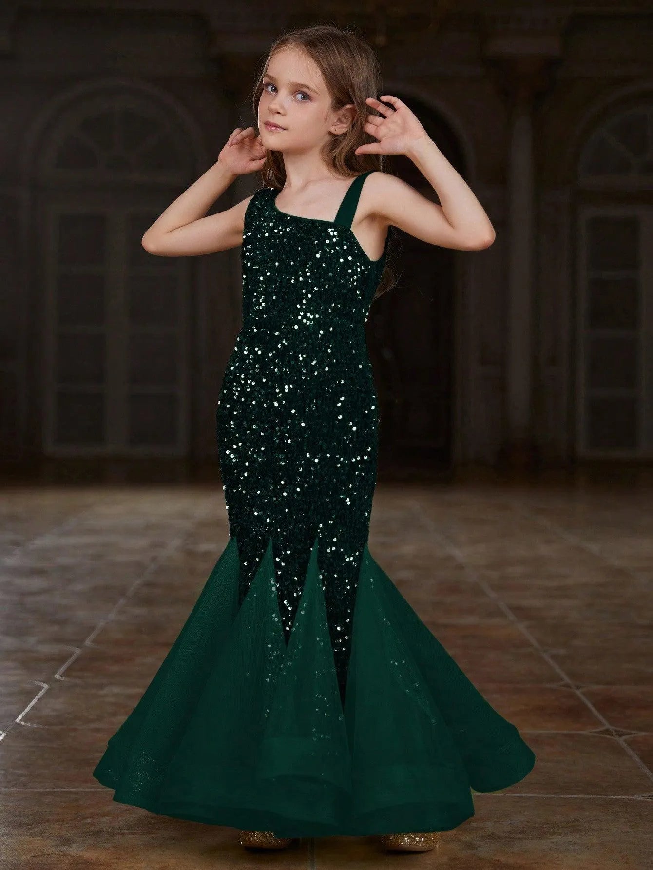 Additional product view of Mesh Insert Mermaid Hem One-Shoulder Sequin Sleeveless Tween Girls' Party Dress