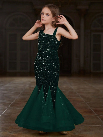 Additional product view of Mesh Insert Mermaid Hem One-Shoulder Sequin Sleeveless Tween Girls' Party Dress