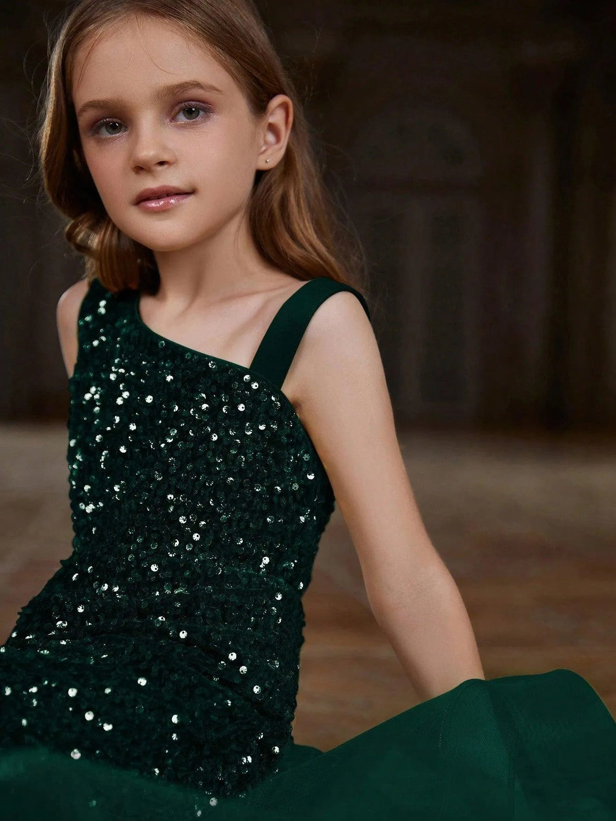 Additional product view of Mesh Insert Mermaid Hem One-Shoulder Sequin Sleeveless Tween Girls' Party Dress