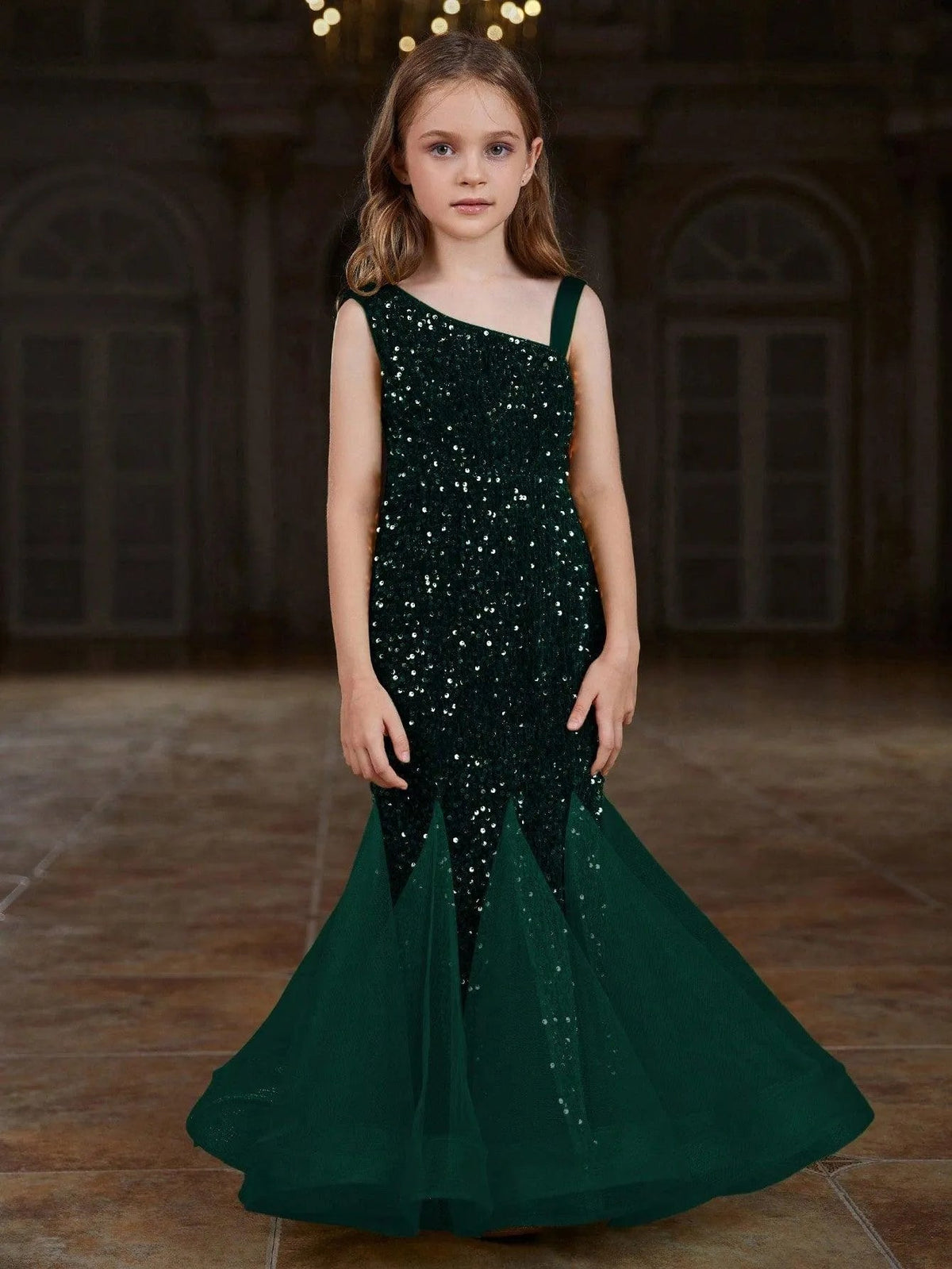 Additional product view of Mesh Insert Mermaid Hem One-Shoulder Sequin Sleeveless Tween Girls' Party Dress