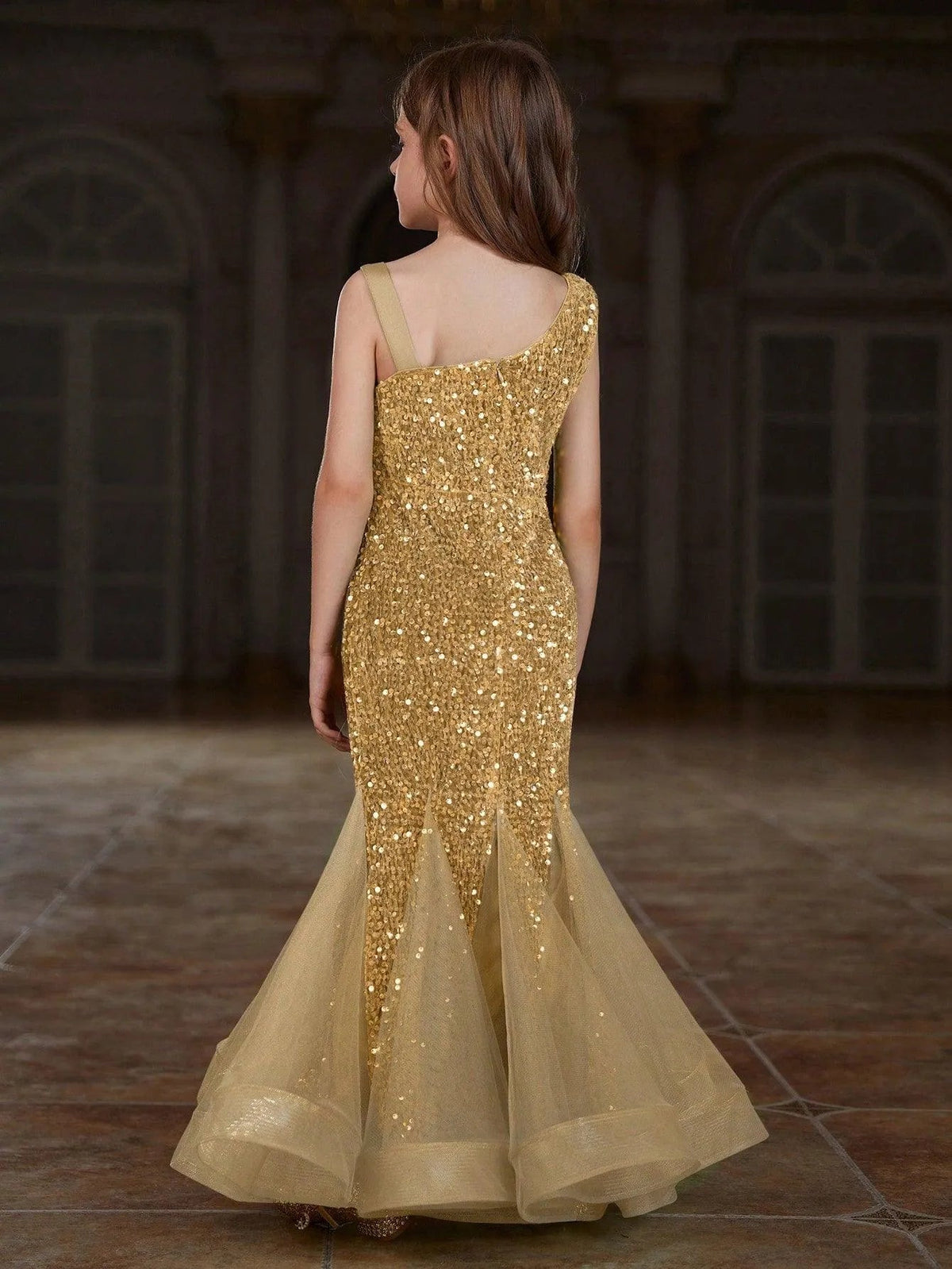 Additional product view of Mesh Insert Mermaid Hem One-Shoulder Sequin Sleeveless Tween Girls' Party Dress