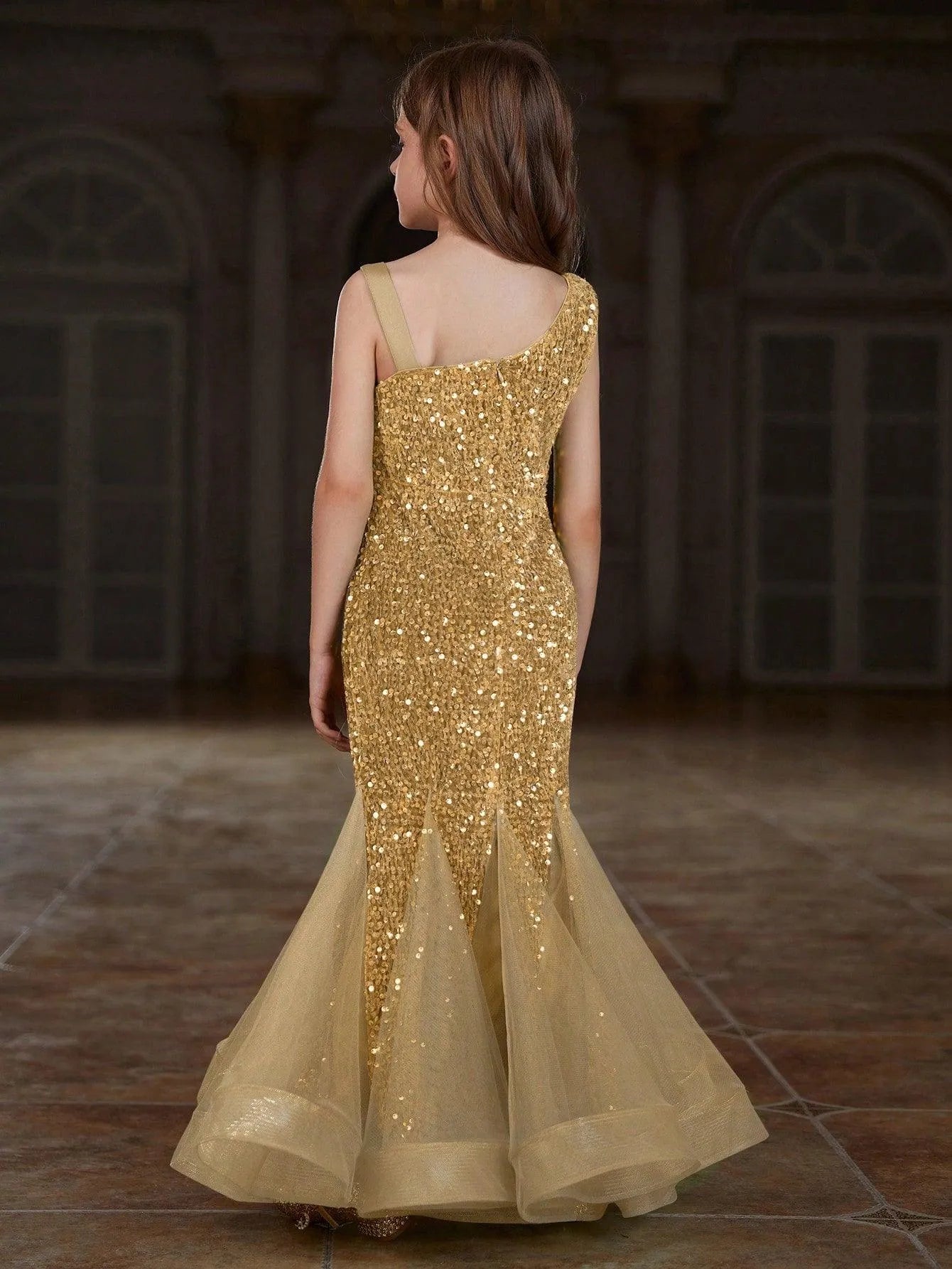 Additional product view of Mesh Insert Mermaid Hem One-Shoulder Sequin Sleeveless Tween Girls' Party Dress