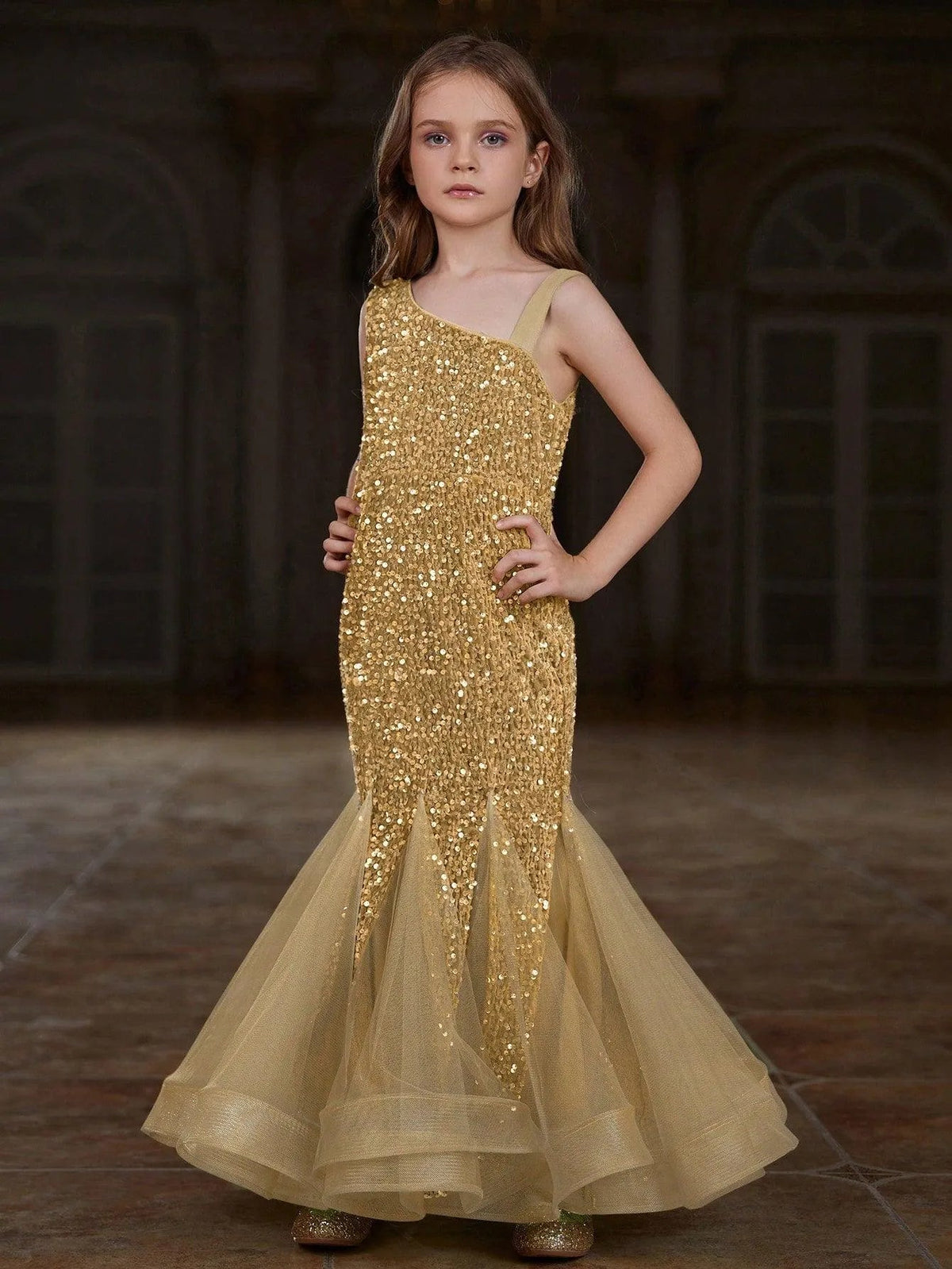 Additional product view of Mesh Insert Mermaid Hem One-Shoulder Sequin Sleeveless Tween Girls' Party Dress
