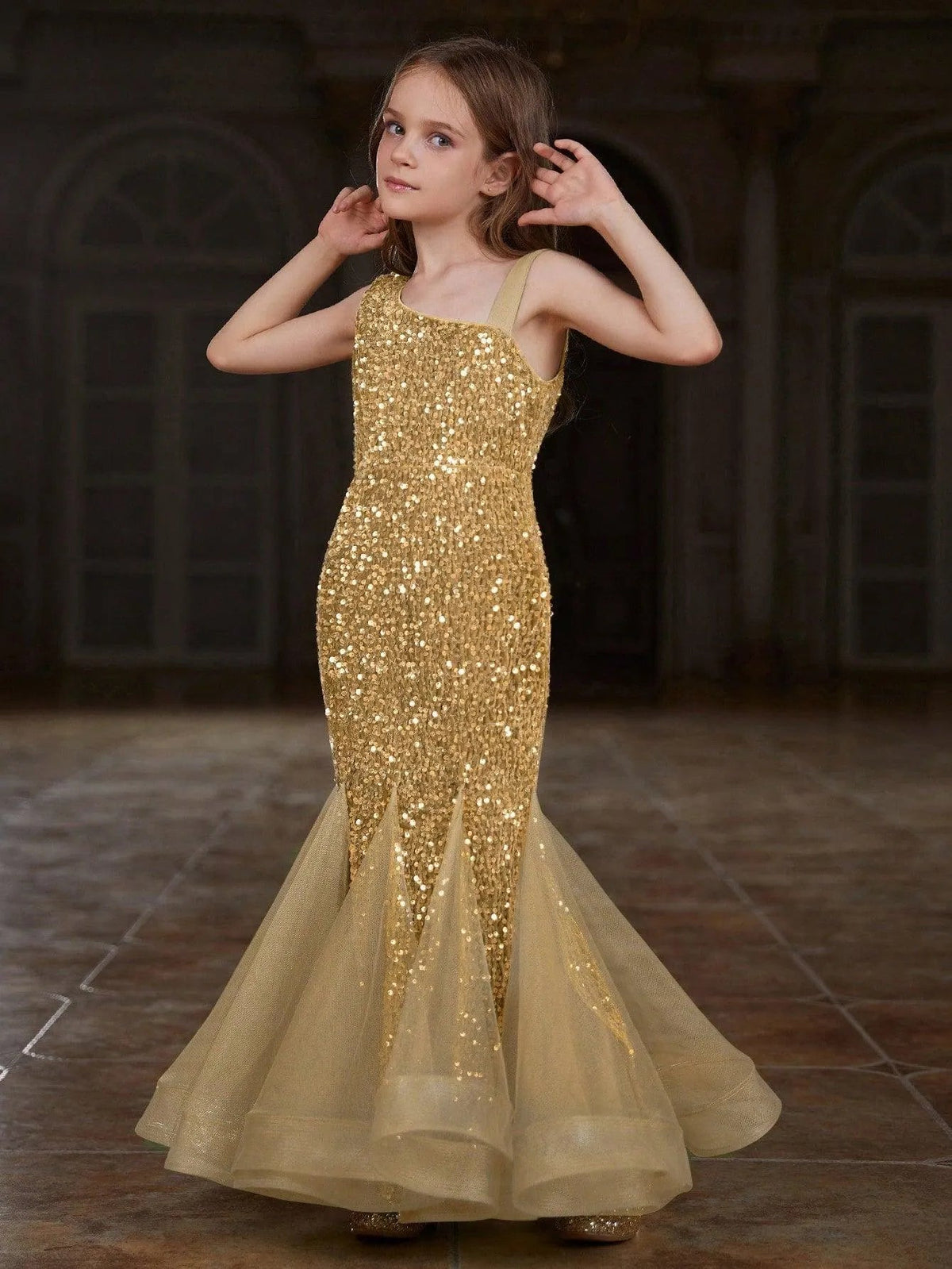 Additional product view of Mesh Insert Mermaid Hem One-Shoulder Sequin Sleeveless Tween Girls' Party Dress