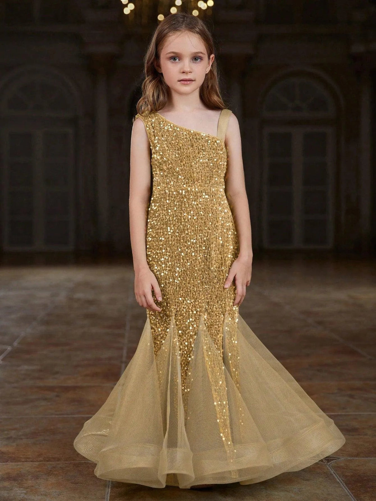 Additional product view of Mesh Insert Mermaid Hem One-Shoulder Sequin Sleeveless Tween Girls' Party Dress