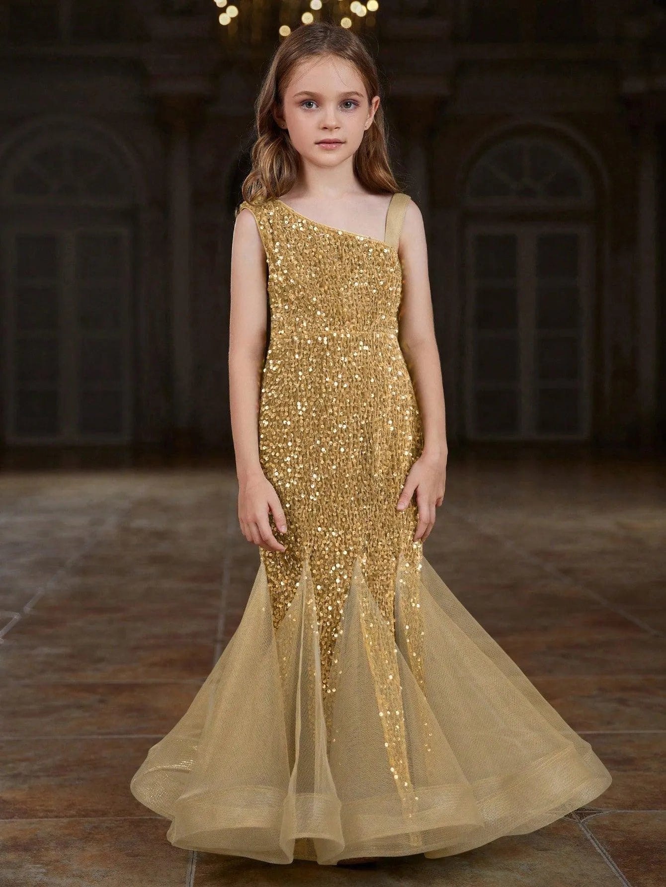 Additional product view of Mesh Insert Mermaid Hem One-Shoulder Sequin Sleeveless Tween Girls' Party Dress