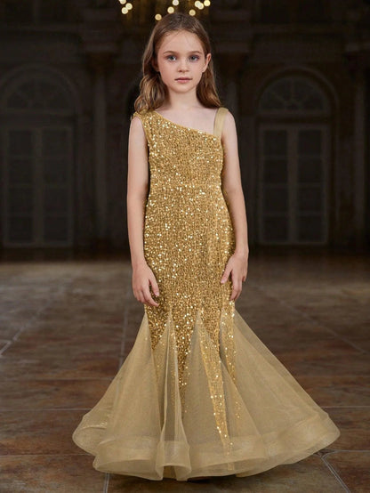 Additional product view of Mesh Insert Mermaid Hem One-Shoulder Sequin Sleeveless Tween Girls' Party Dress