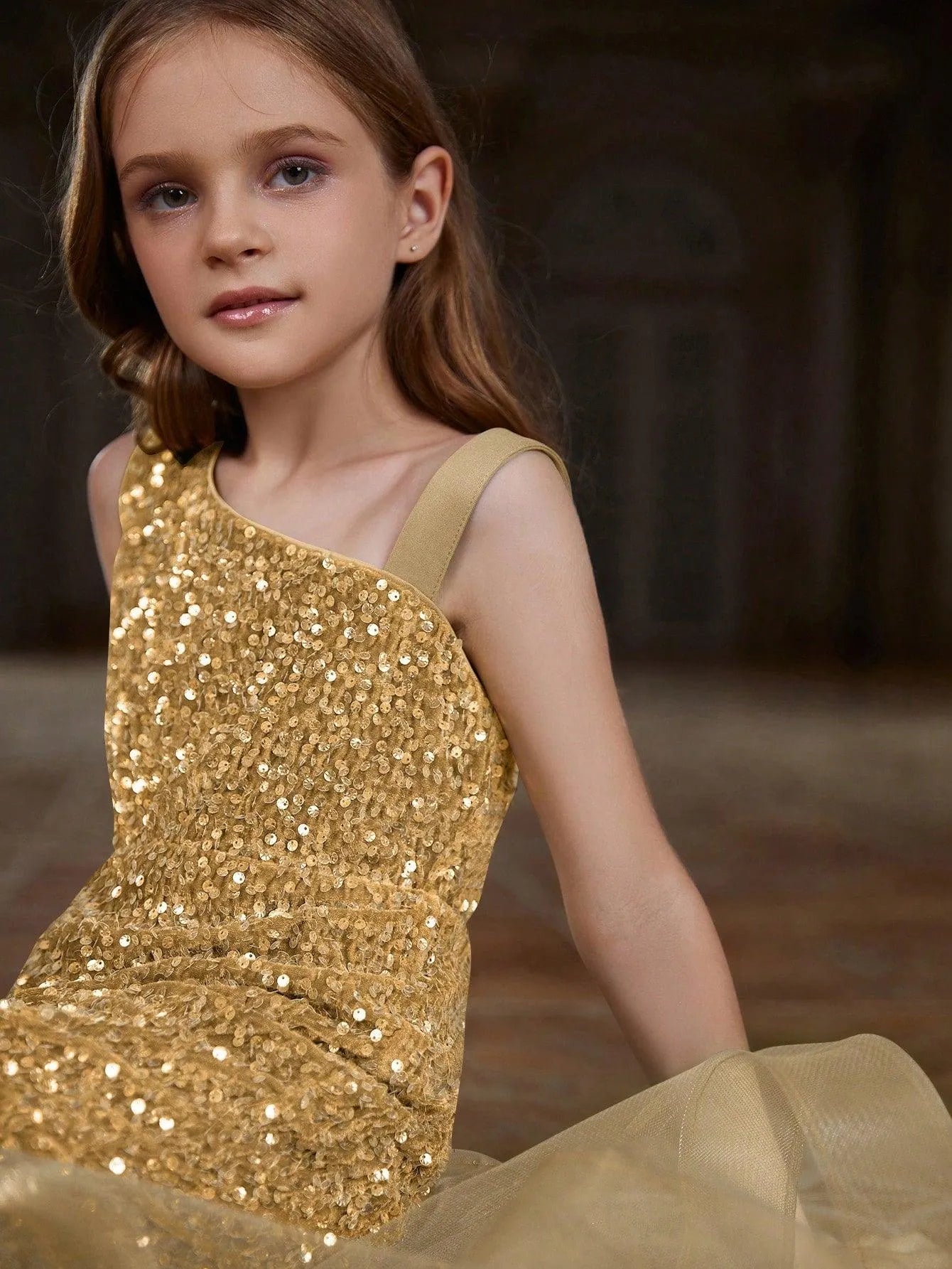 Additional product view of Mesh Insert Mermaid Hem One-Shoulder Sequin Sleeveless Tween Girls' Party Dress