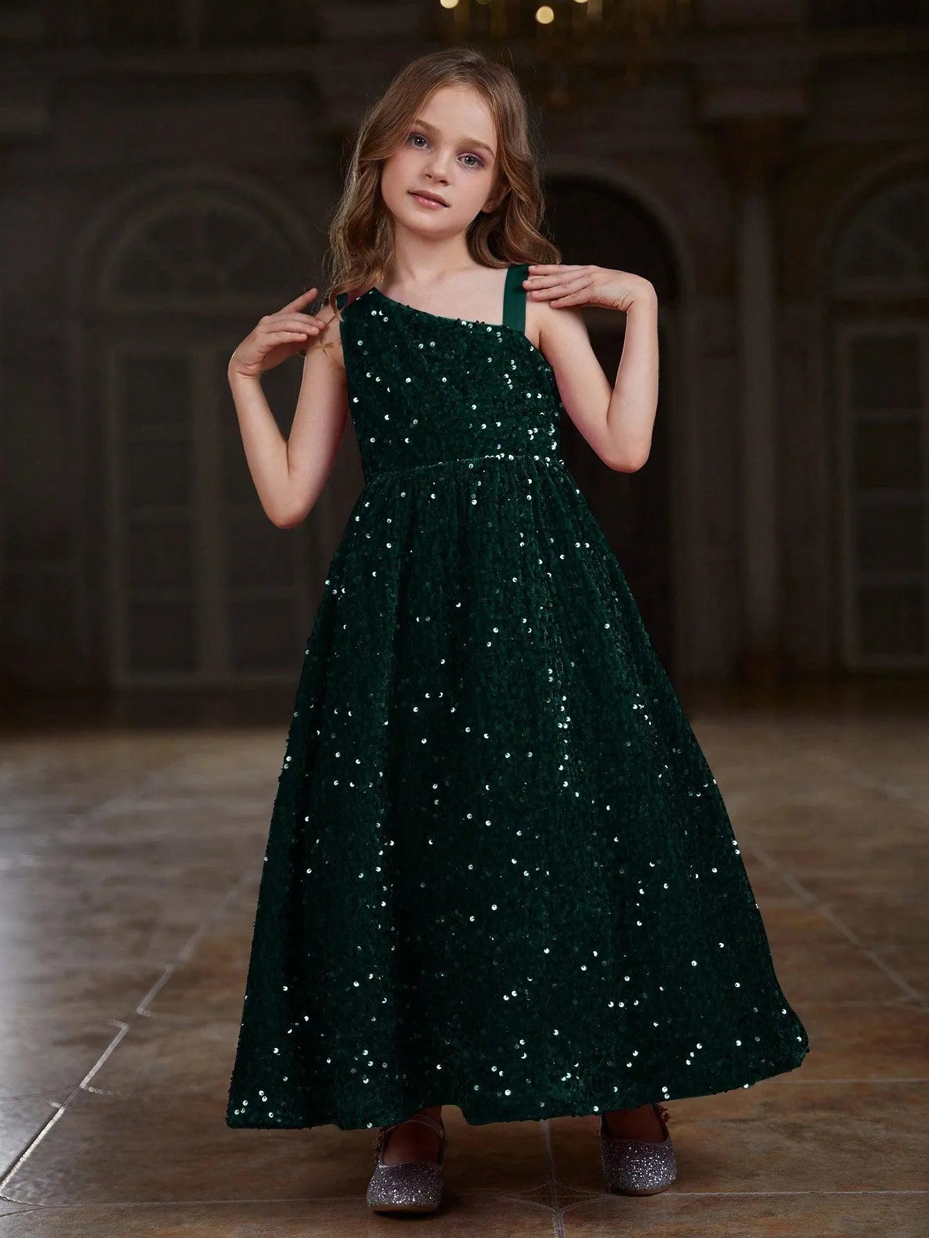 Alternate view of Asymmetrical Neckline Sequin A-Line Sleeveless Maxi Tween Girls' Party Dress in Dark Green