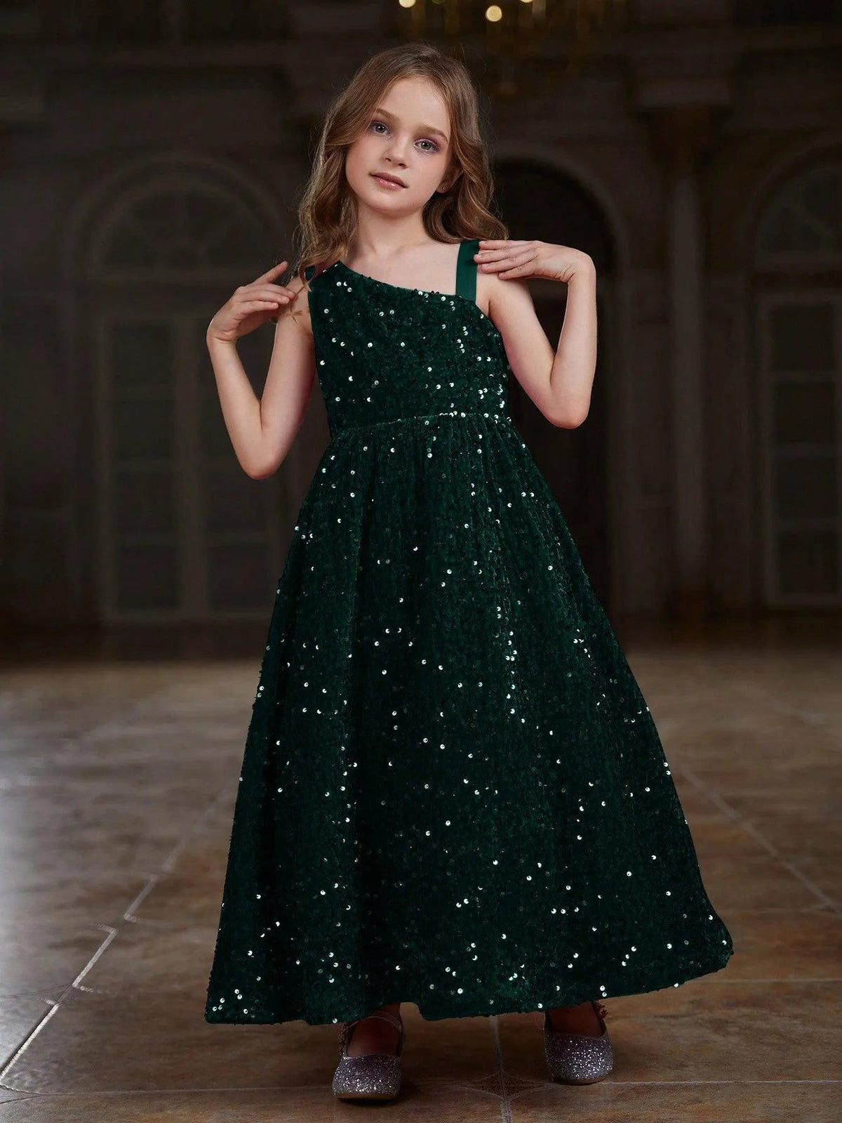 Alternate view of Asymmetrical Neckline Sequin A-Line Sleeveless Maxi Tween Girls' Party Dress in Dark Green