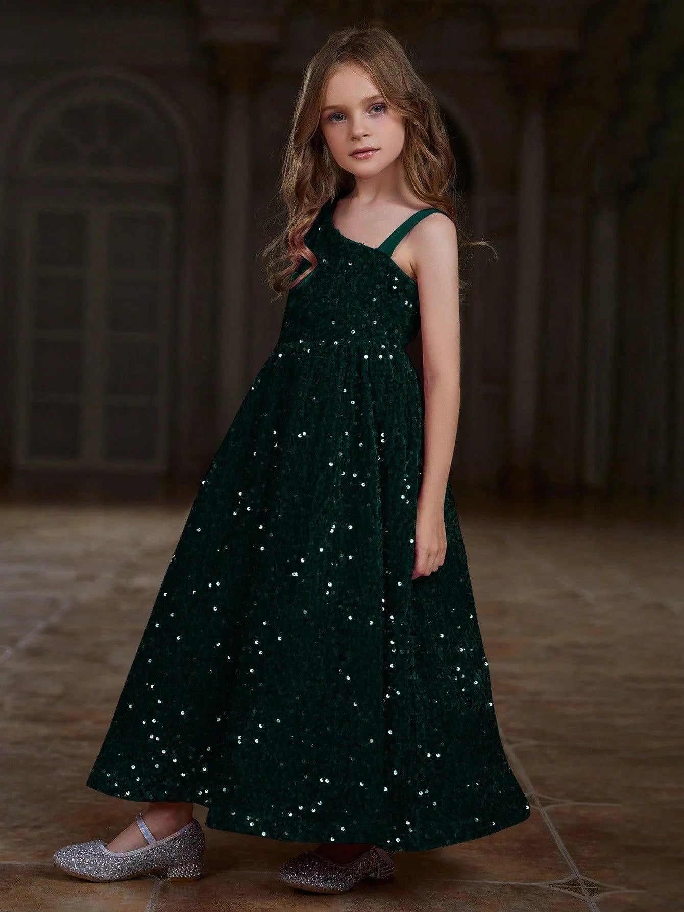 Additional product view of Asymmetrical Neckline Sequin A-Line Sleeveless Maxi Tween Girls' Party Dress
