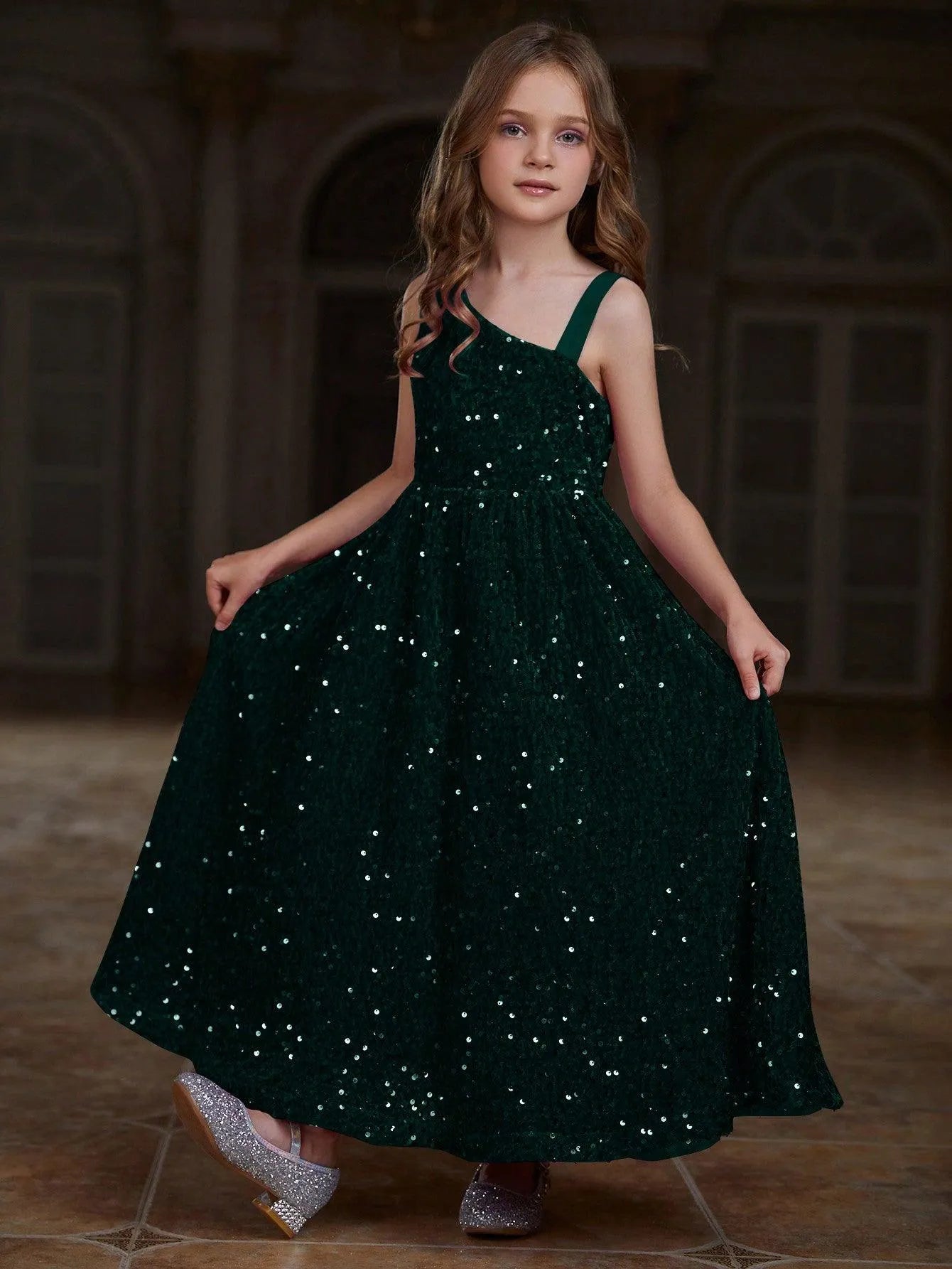 Additional product view of Asymmetrical Neckline Sequin A-Line Sleeveless Maxi Tween Girls' Party Dress