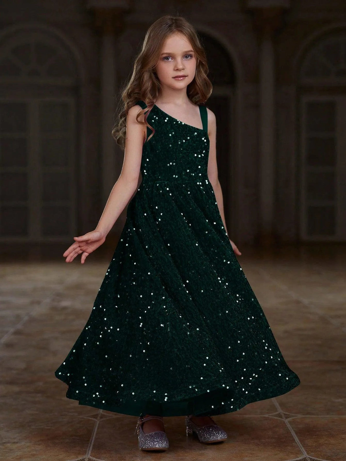 Additional product view of Asymmetrical Neckline Sequin A-Line Sleeveless Maxi Tween Girls' Party Dress