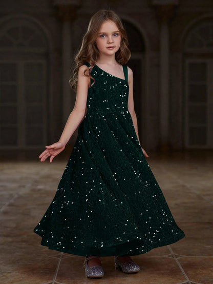 Additional product view of Asymmetrical Neckline Sequin A-Line Sleeveless Maxi Tween Girls' Party Dress
