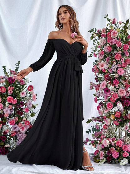 Additional product view of High-Slit Belted Off-Shoulder Chiffon A-Line Maxi Formal Dress