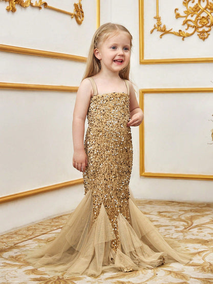 Young Girls' Sleeveless Mesh Overlay Sequin Mermaid Party Dress – view 11