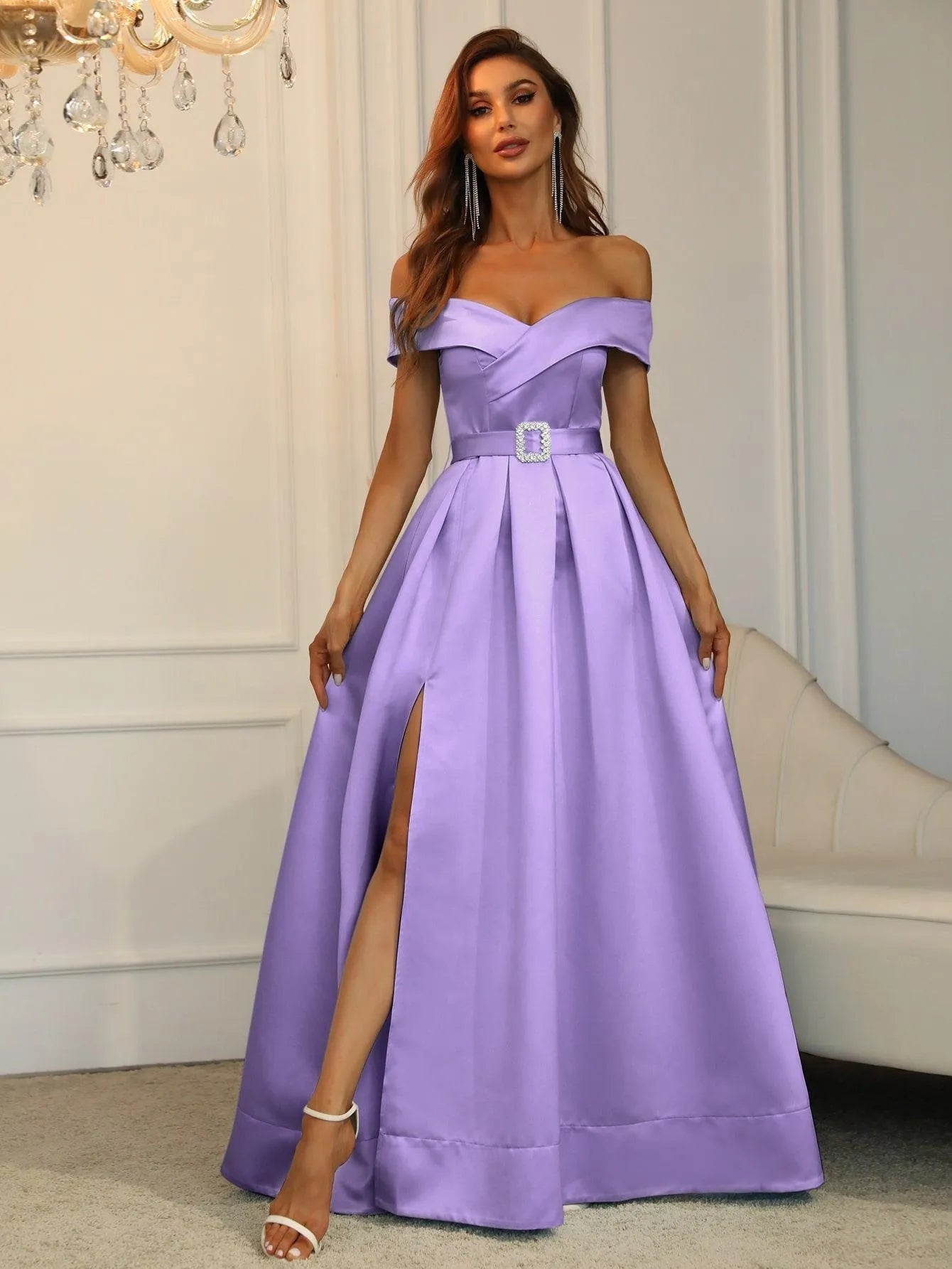 Alternate view of Belted Off-Shoulder Satin High-Slit A-Line Evening Gown in Violet