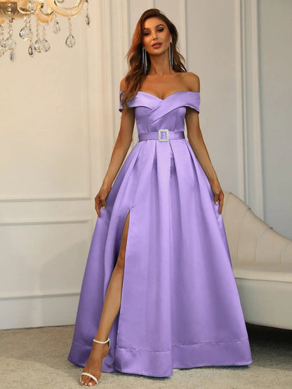 Alternate view of Belted Off-Shoulder Satin High-Slit A-Line Evening Gown in Violet
